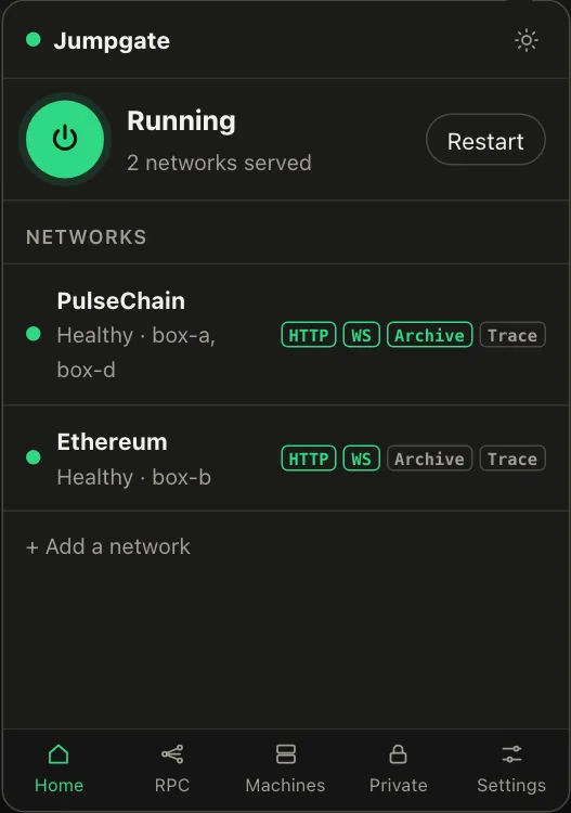 The app panel's Home tab: the gateway running two networks.